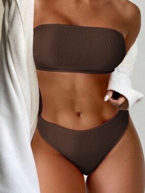 Ribbed Strapless Bikini Set - Coffee Brown